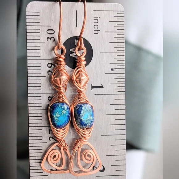 Eclectic Copper Earrings Vibrant Coastal Blue Jasper Artisan Crafted Jewelry - Picture 3 of 11